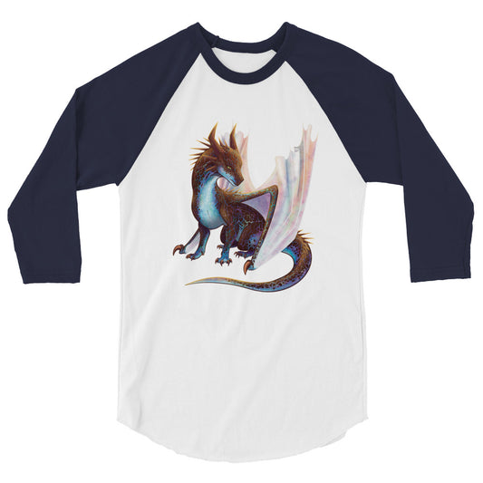 Unisex, white shirt with navy blue 3/4 length sleeves featuring a sitting, side profile of a dragon that has the features of a boulder opal with hues of blue, green, purple, and pink on the underbelly and cracks of the rough, brown hue, rock scales.  The wings are tucked back and are of an iridescent shimmery hue