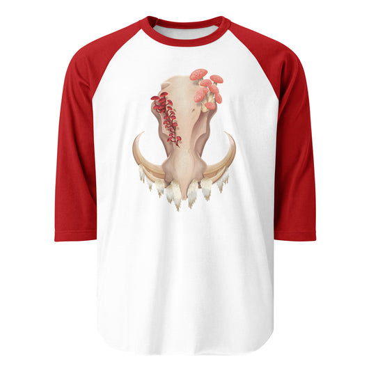 Unisex, white shirt with red 3/4 length sleeves featuring a front facing warthog skull with 3 different kinds of fungi growing out of it