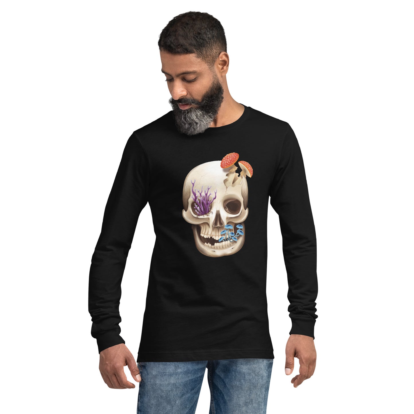 A unisex, black, adult long sleeve shirt featuring a front facing human skull with 3 different kinds of fungi growing out of it