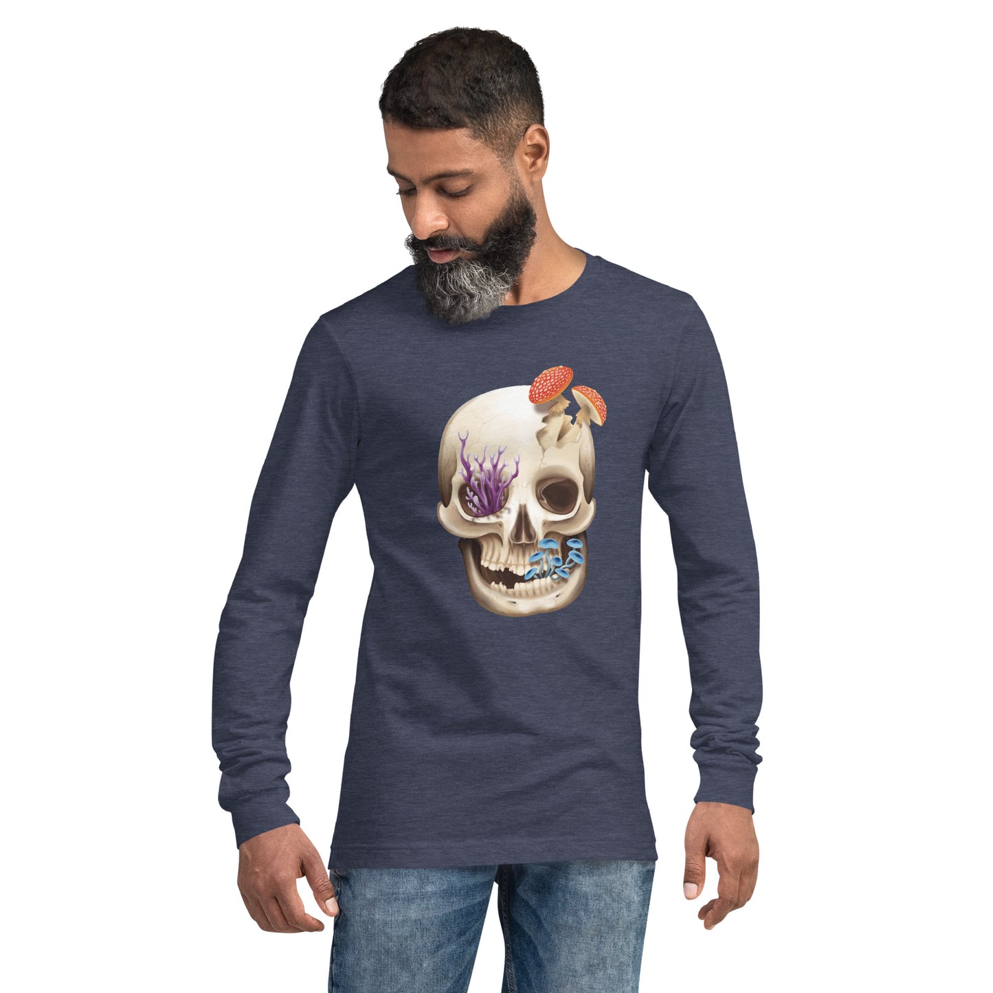 A unisex, medium heather blue, adult long sleeve shirt featuring a front facing human skull with 3 different kinds of fungi growing out of it