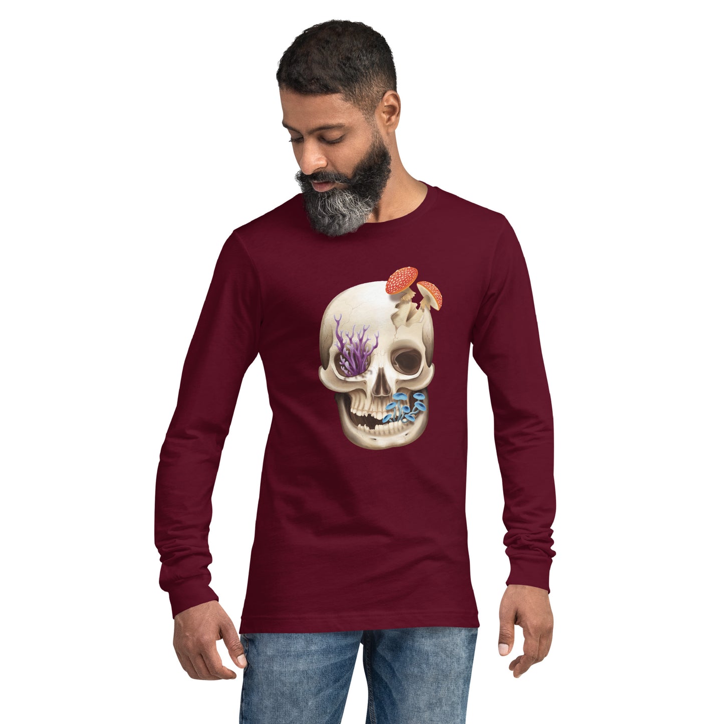 A unisex, maroon, adult long sleeve shirt featuring a front facing human skull with 3 different kinds of fungi growing out of it