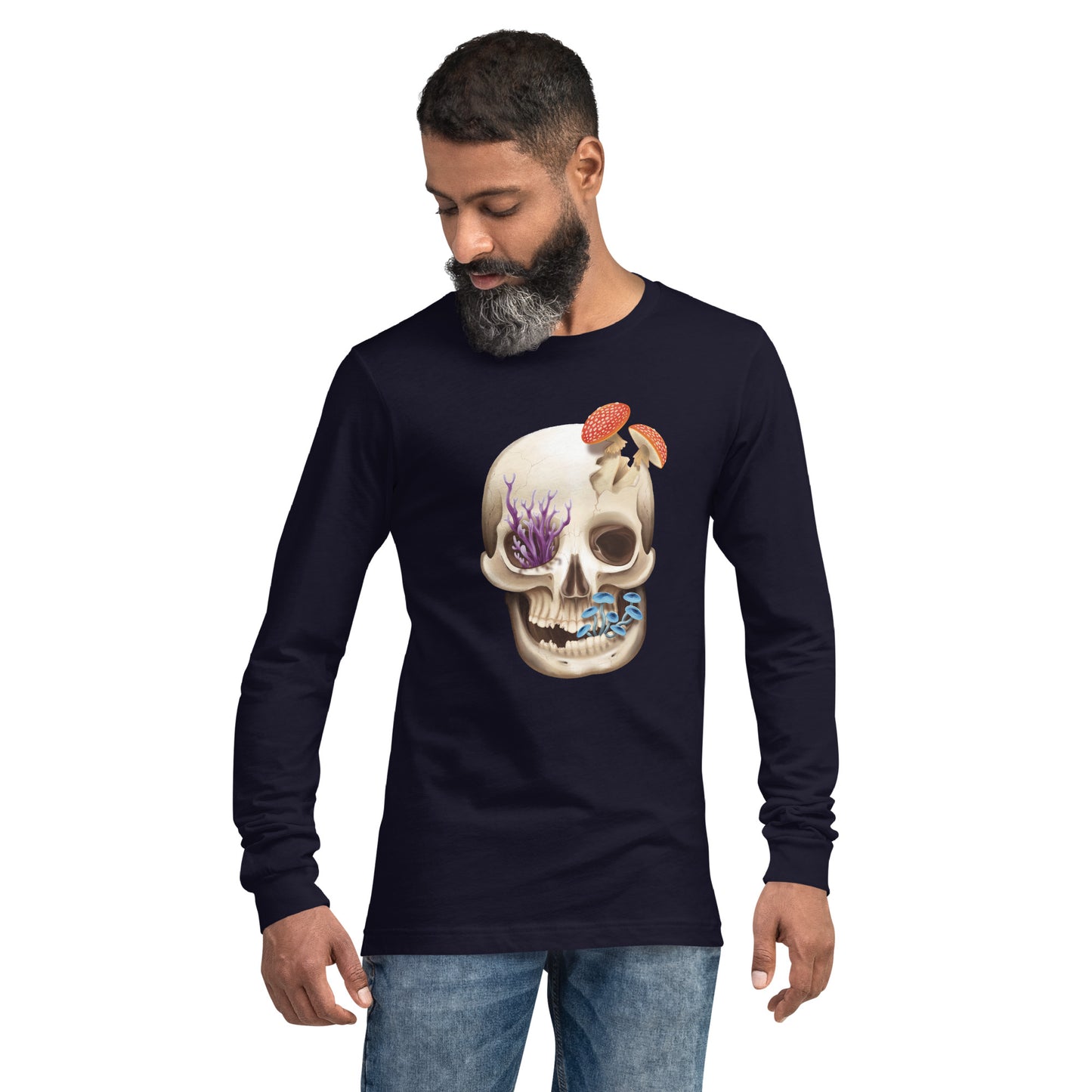 A unisex, navy blue, adult long sleeve shirt featuring a front facing human skull with 3 different kinds of fungi growing out of it