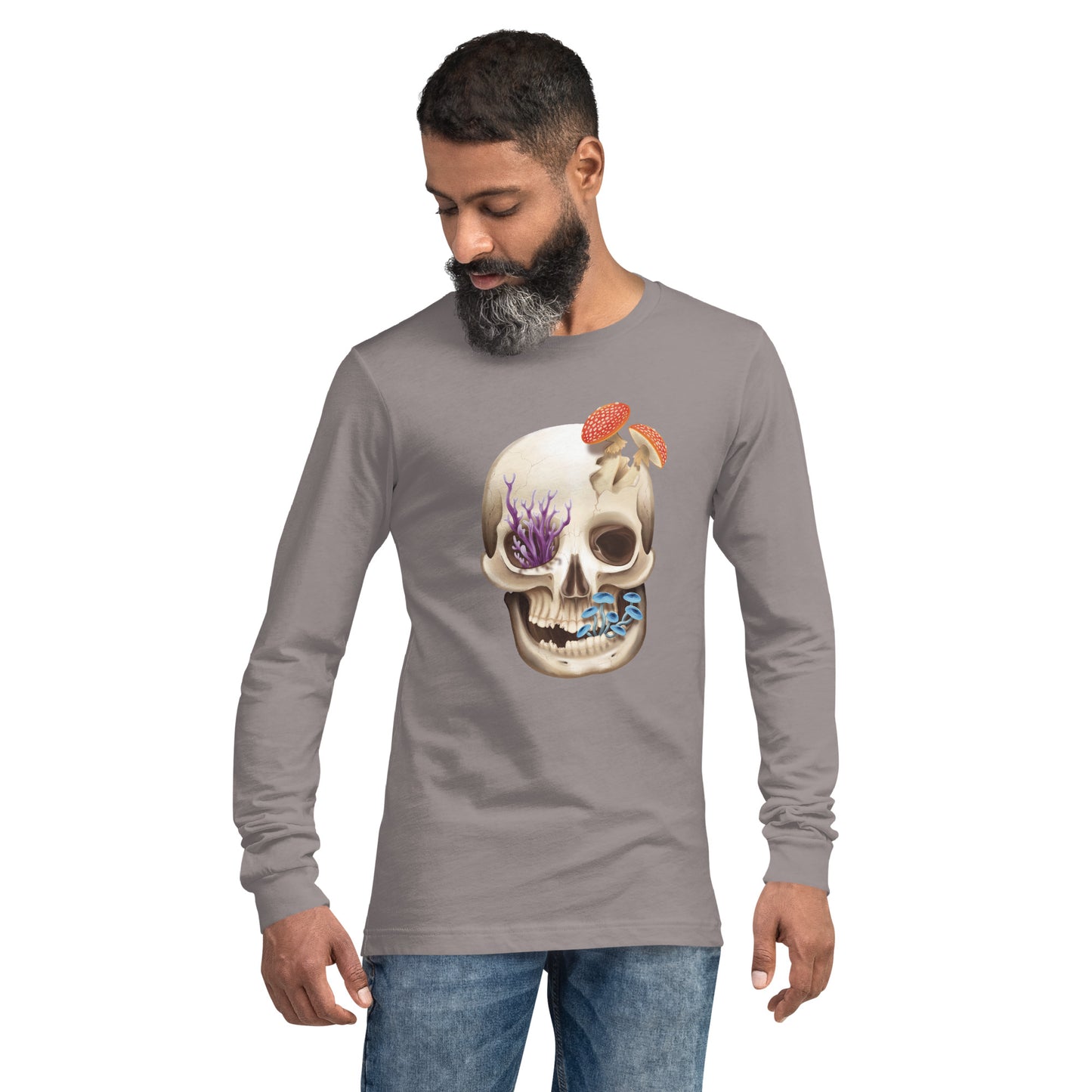 A unisex, light grey, adult long sleeve shirt featuring a front facing human skull with 3 different kinds of fungi growing out of it