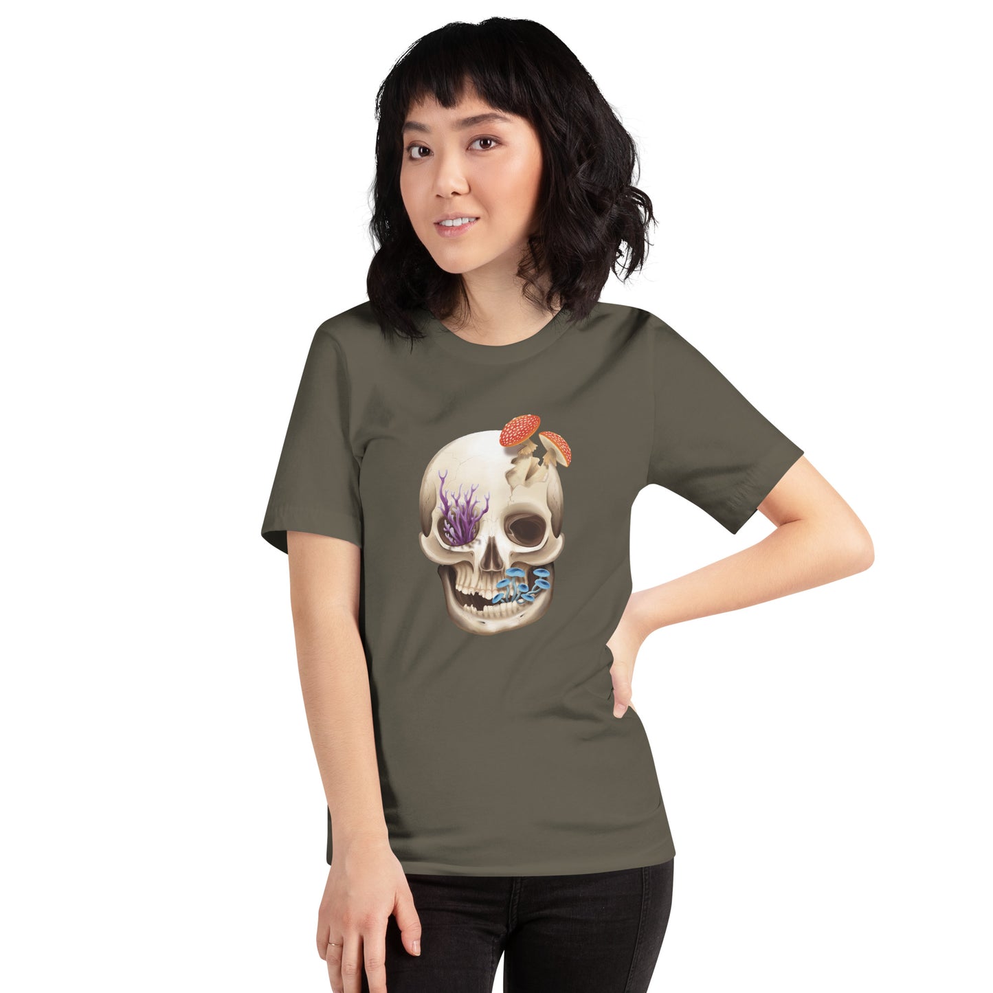 A unisex, army green, adult short sleeve T shirt featuring a front facing human skull with 3 different kinds of fungi growing out of it