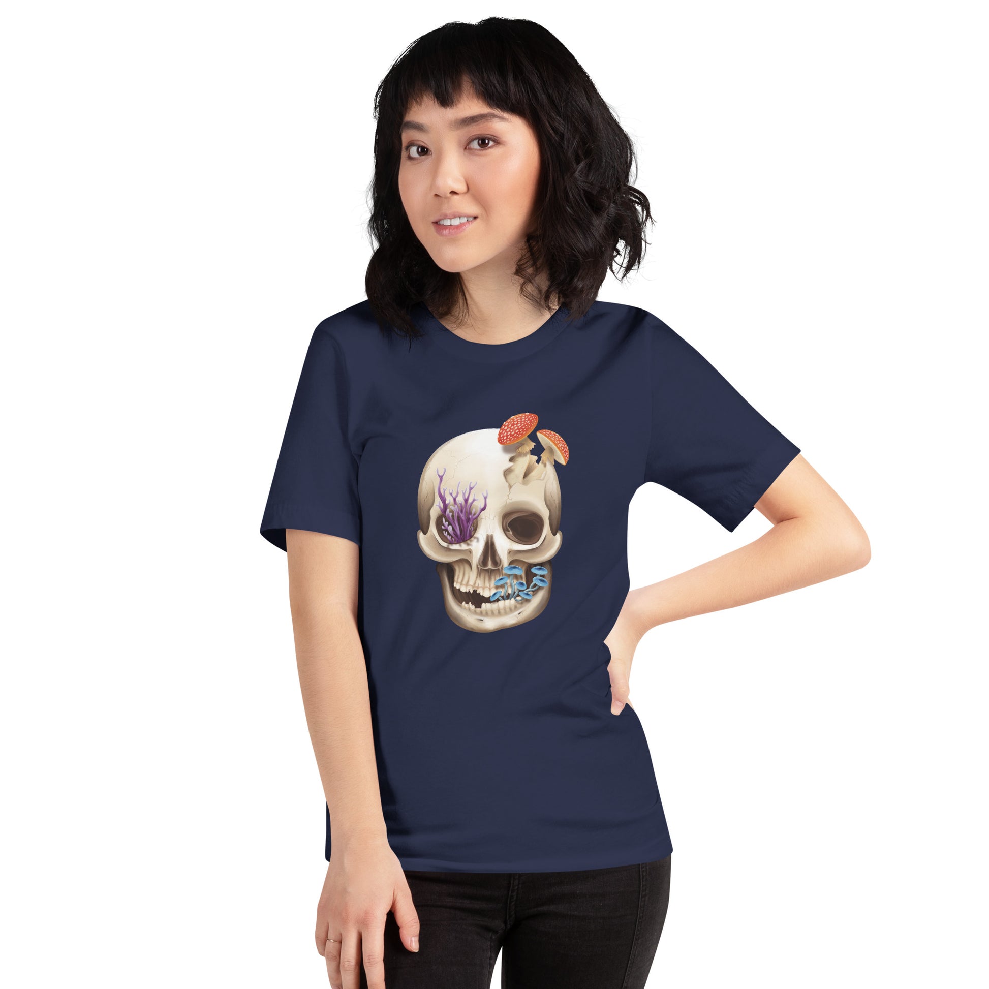 A unisex, navy blue, adult short sleeve T shirt featuring a front facing human skull with 3 different kinds of fungi growing out of it