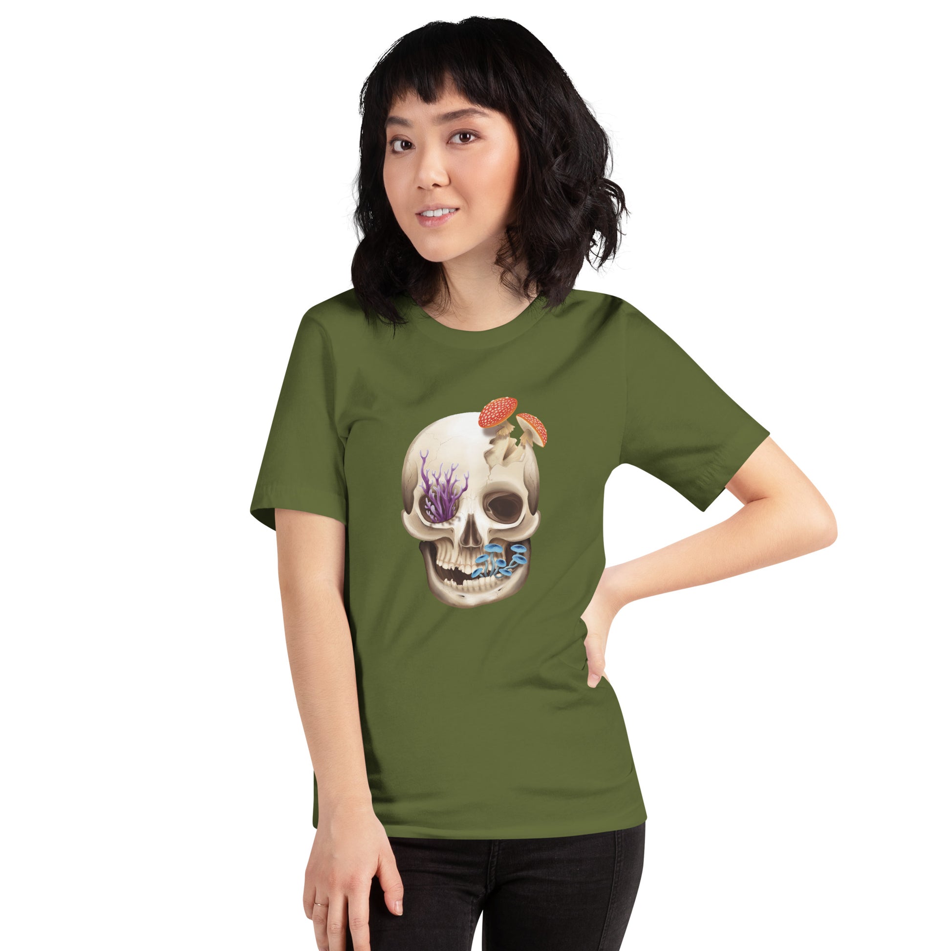 A unisex, olive, adult short sleeve T shirt featuring a front facing human skull with 3 different kinds of fungi growing out of it