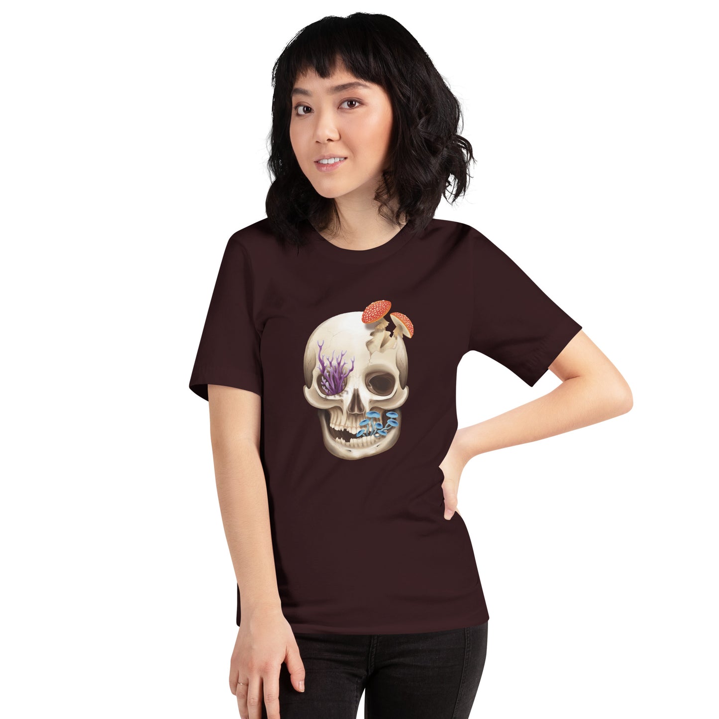 A unisex, oxblood black, adult short sleeve T shirt featuring a front facing human skull with 3 different kinds of fungi growing out of it