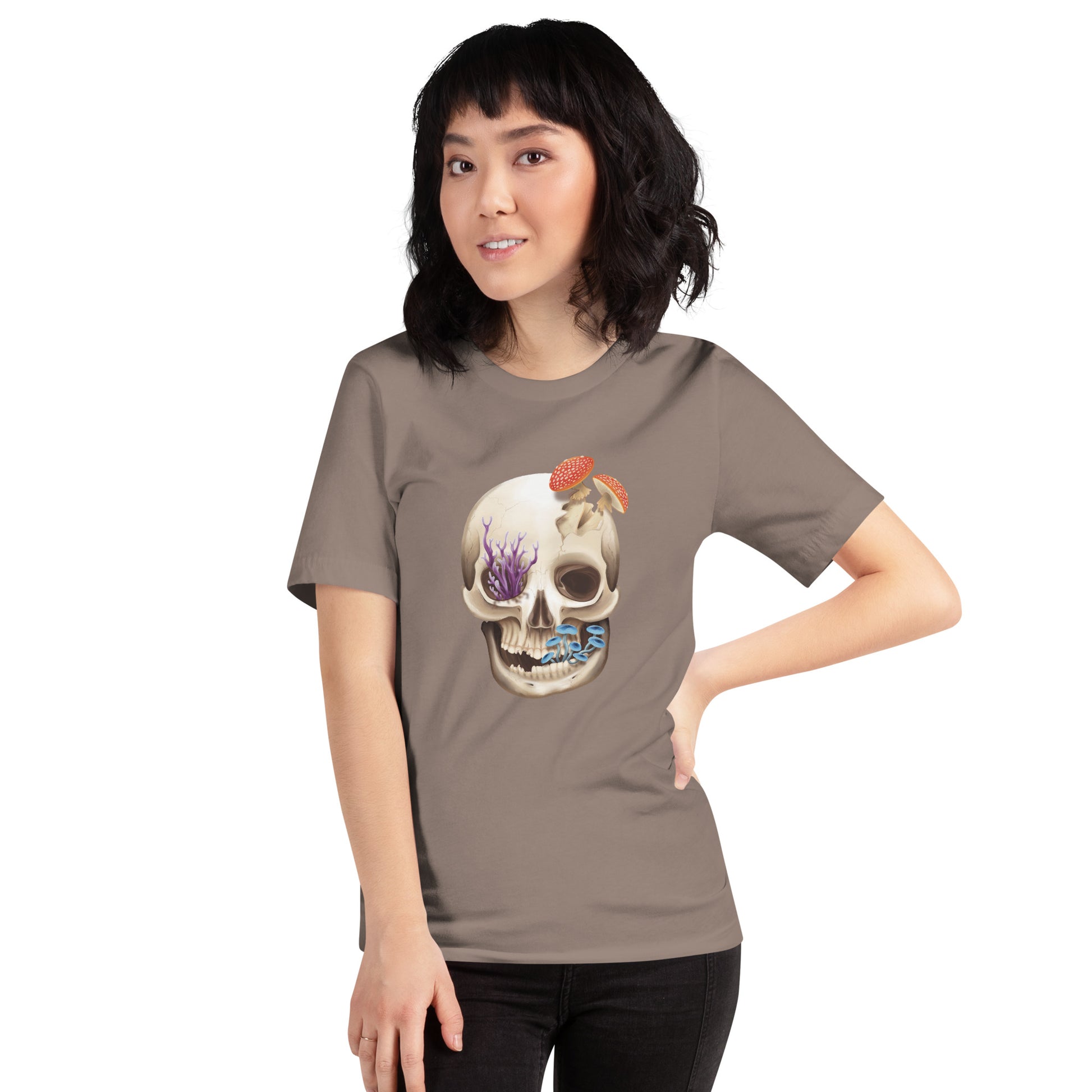 A unisex, medium grey, adult short sleeve T shirt featuring a front facing human skull with 3 different kinds of fungi growing out of it