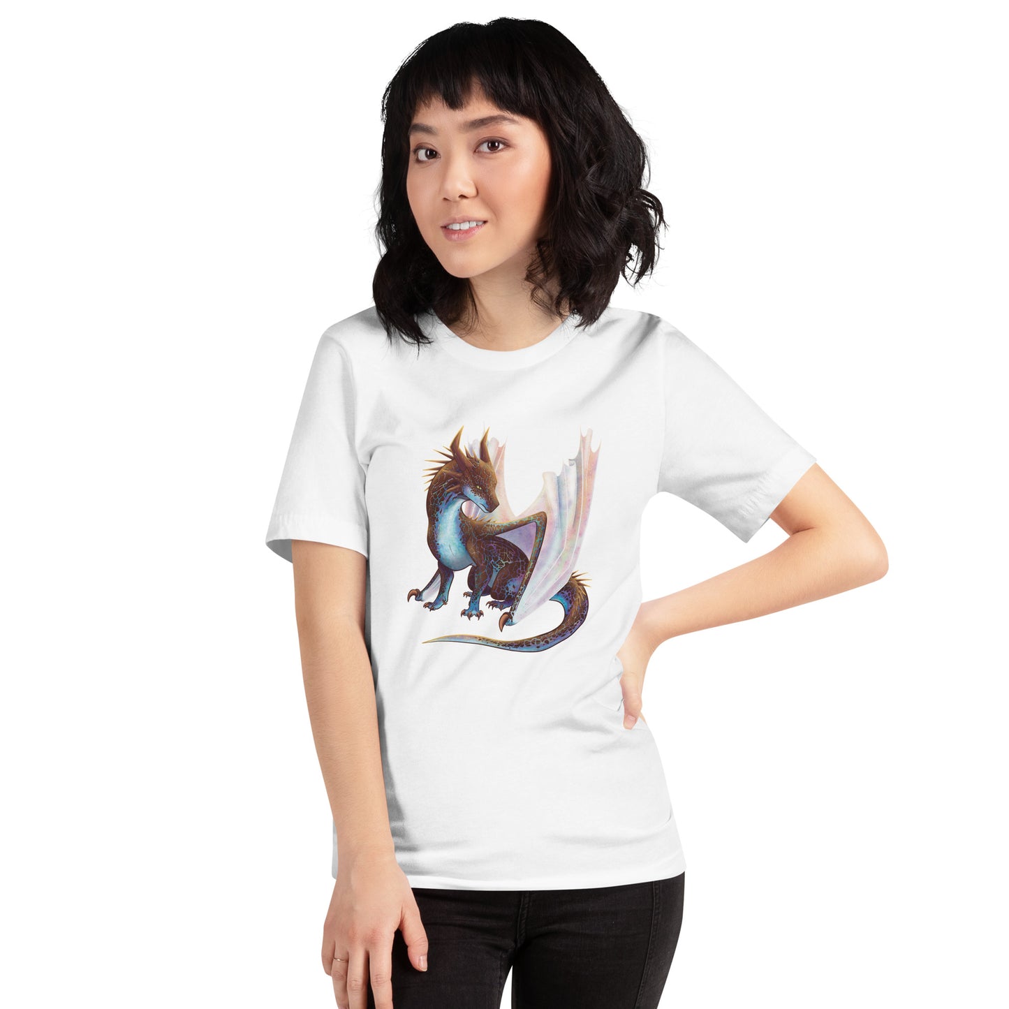 Unisex, white in color adult short sleeve tee shirt featuring a sitting, side profile of a dragon that has the features of a boulder opal with hues of blue, green, purple, and pink on the underbelly and cracks of the rough, brown hue, rock scales. The wings are tucked back and are of an iridescent shimmery hue