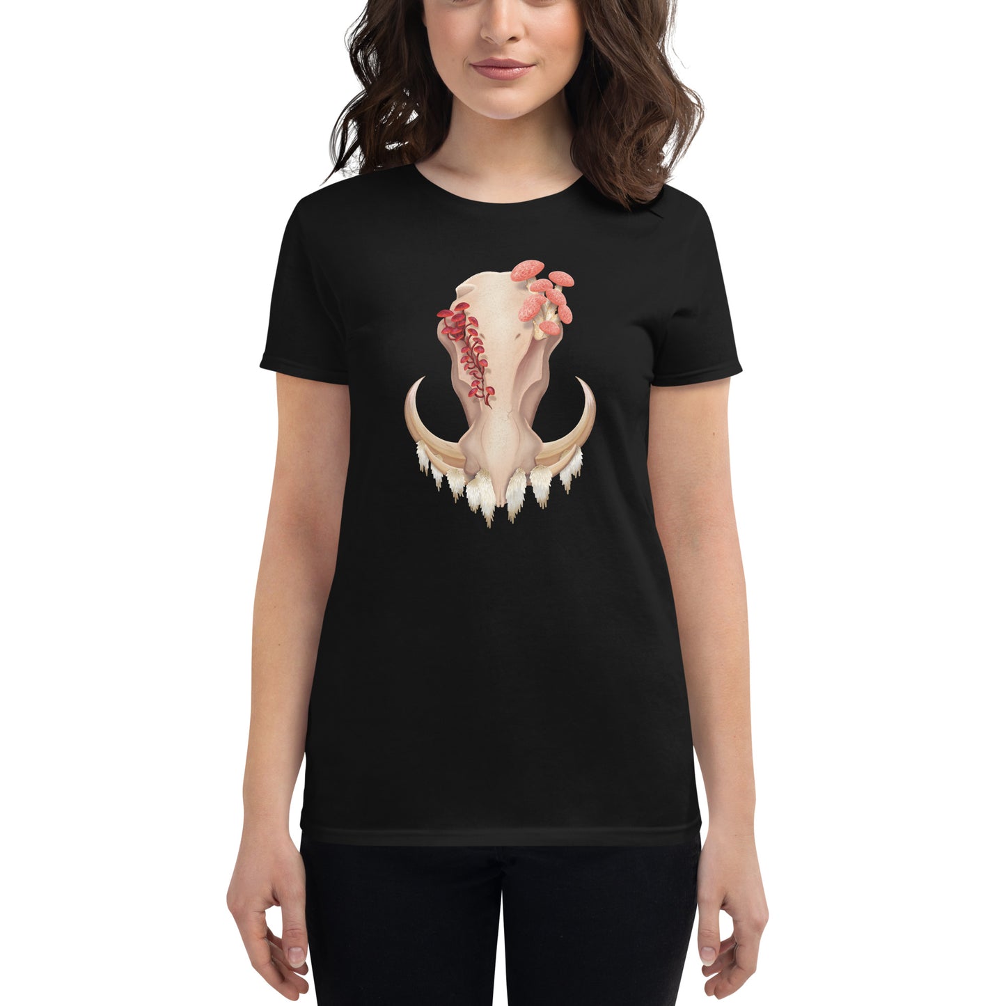 A woman wearing a fitted black colored T shirt featuring a front facing warthog skull with 3 different kinds of fungi growing out of it