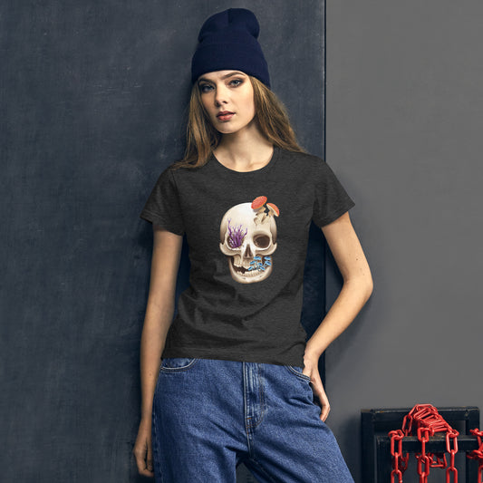 A dark heather grey woman's fit t shirt featuring a human skull with various kinds of fungi growing out of it