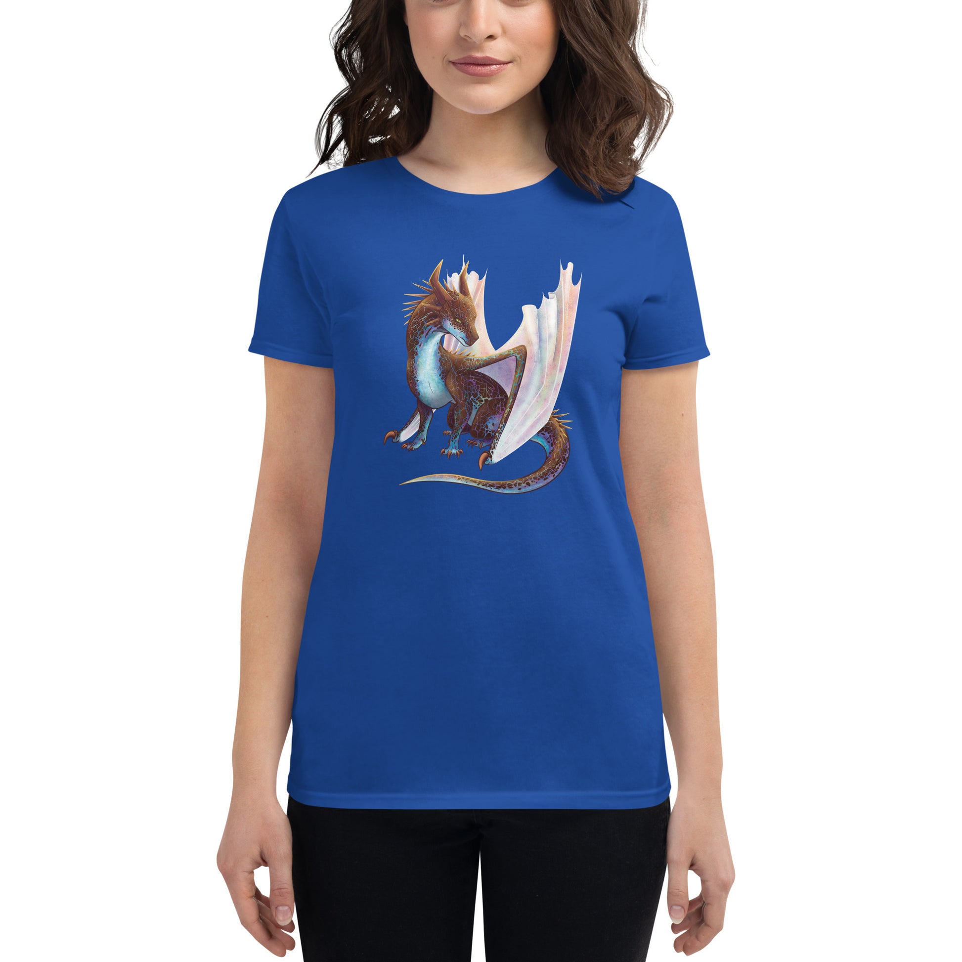 Unisex, royal blue in color, adult women's short sleeve tee shirt featuring a sitting, side profile of a dragon that has the features of a boulder opal with hues of blue, green, purple, and pink on the underbelly and cracks of the rough, brown hue, rock scales. The wings are tucked back and are of an iridescent shimmery hue