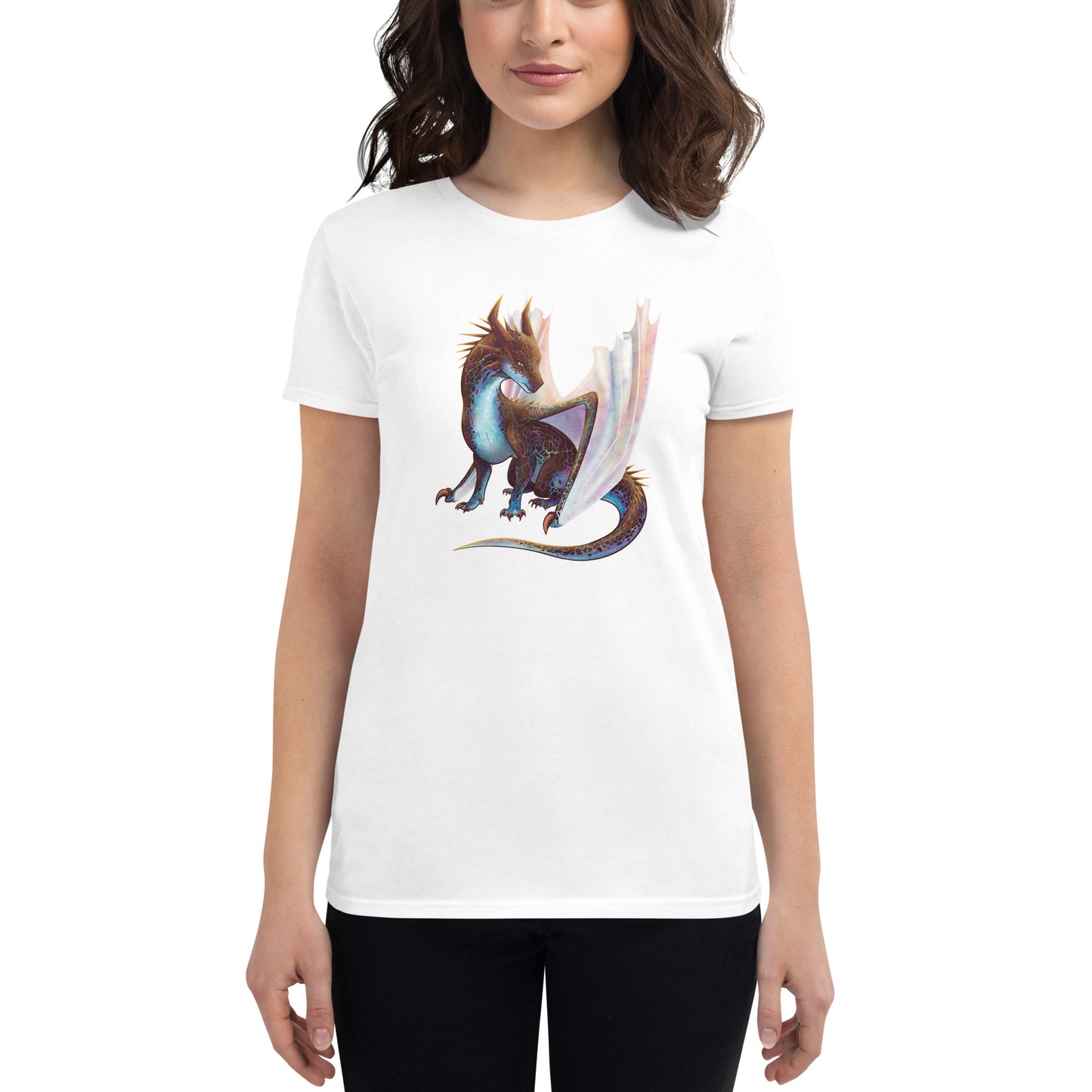 Unisex, white in color, adult women's short sleeve tee shirt featuring a sitting, side profile of a dragon that has the features of a boulder opal with hues of blue, green, purple, and pink on the underbelly and cracks of the rough, brown hue, rock scales. The wings are tucked back and are of an iridescent shimmery hue