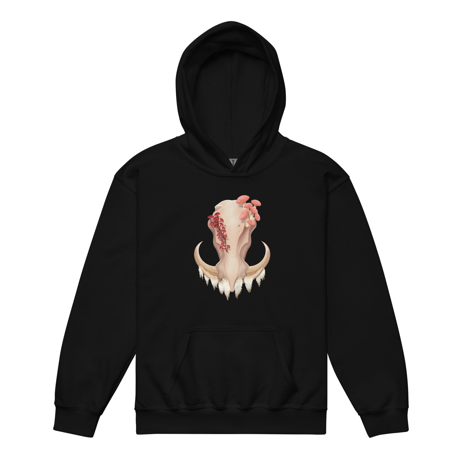 a youth size, black colored, unisex, long sleeve hoodie shirt featuring a front facing warthog skull with 3 different kinds of fungi growing out of it