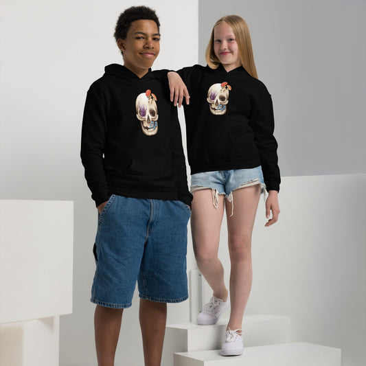 A youth sized, black in color, hoodie featuring a human skull with various kinds of fungi growing out of it