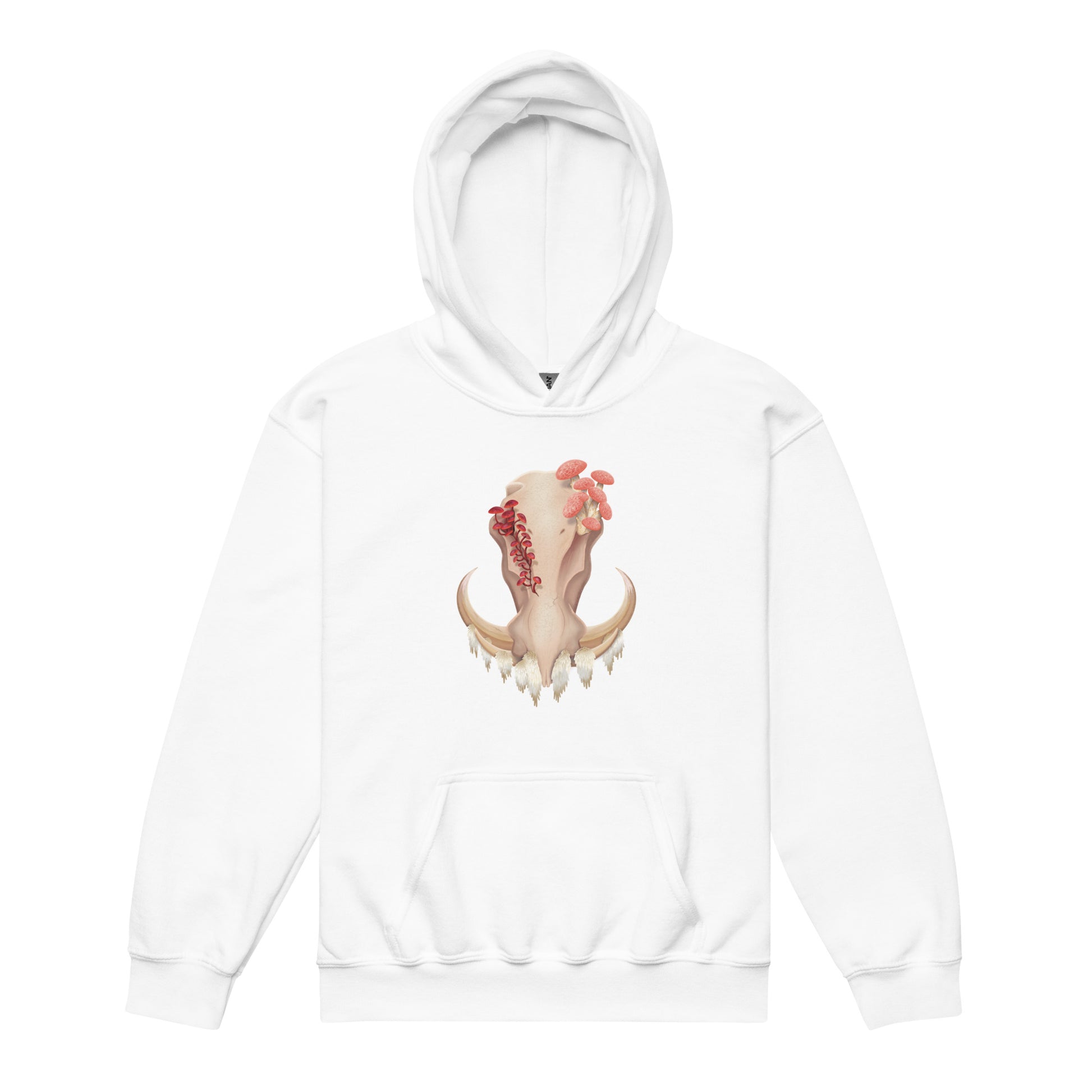 a youth size, white colored, unisex, long sleeve hoodie shirt featuring a front facing warthog skull with 3 different kinds of fungi growing out of it