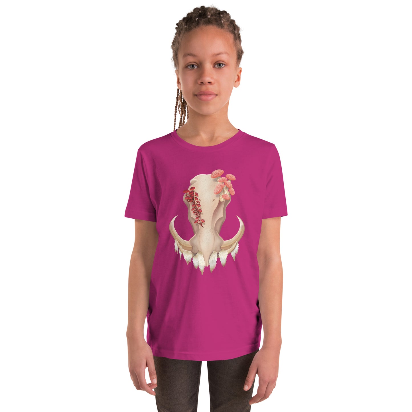 A youth size, berry colored, unisex T shirt featuring a front facing warthog skull with 3 different kinds of fungi growing out of it