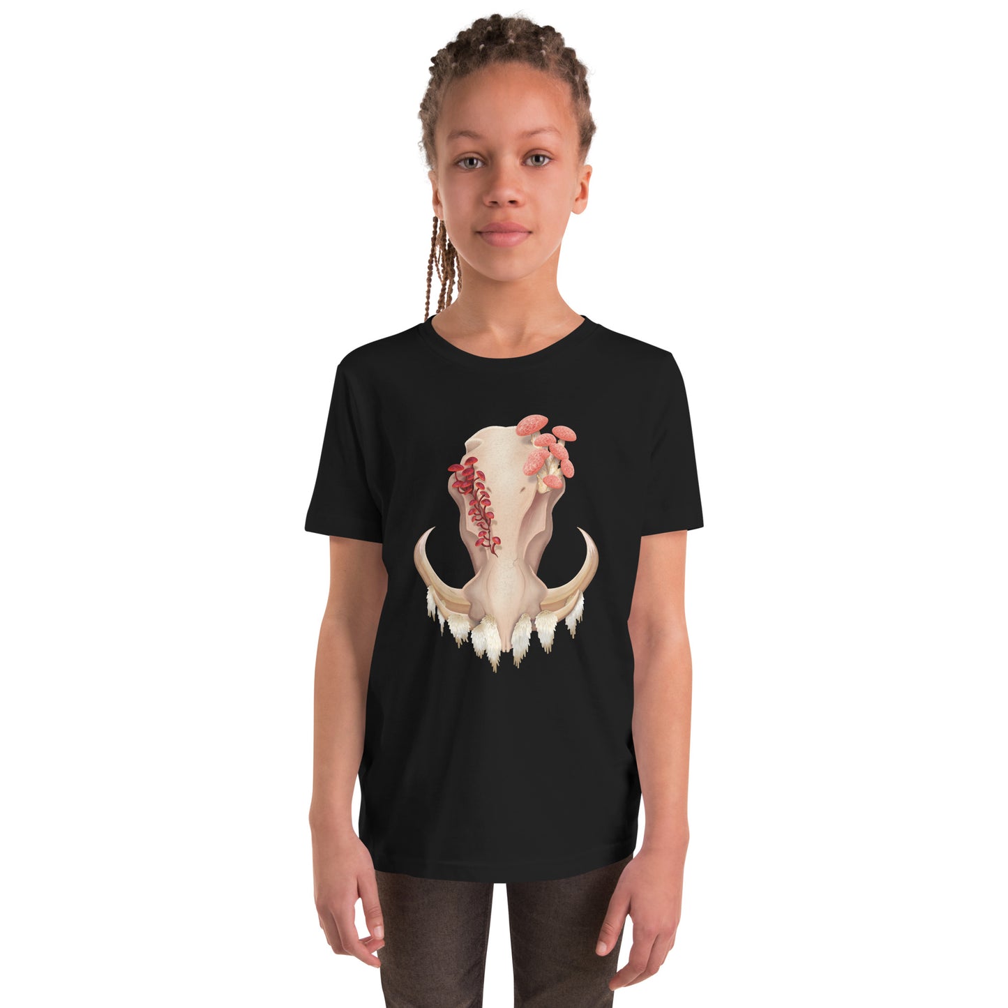 A youth size, black colored, unisex T shirt featuring a front facing warthog skull with 3 different kinds of fungi growing out of it