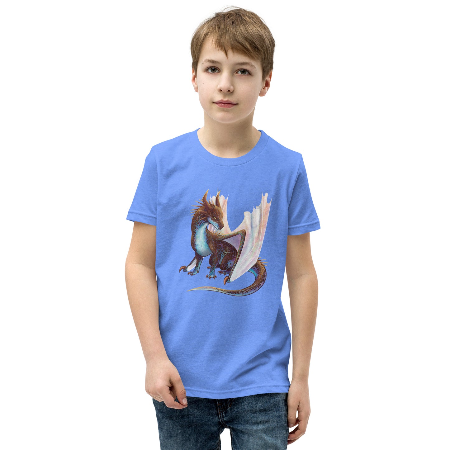 Unisex, heather light blue in color youth short sleeve tee shirt featuring a sitting, side profile of a dragon that has the features of a boulder opal with hues of blue, green, purple, and pink on the underbelly and cracks of the rough, brown hue, rock scales. The wings are tucked back and are of an iridescent shimmery hue