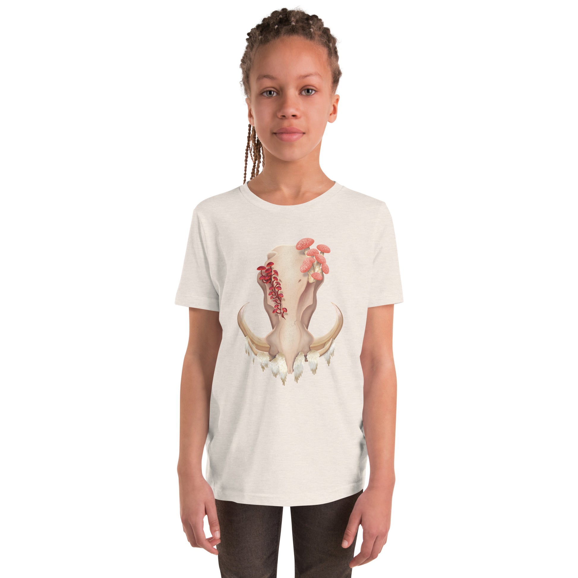 A youth size, off white colored, unisex T shirt featuring a front facing warthog skull with 3 different kinds of fungi growing out of it