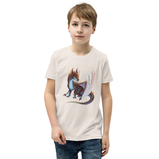 Unisex, heather dust in color youth short sleeve tee shirt featuring a sitting, side profile of a dragon that has the features of a boulder opal with hues of blue, green, purple, and pink on the underbelly and cracks of the rough, brown hue, rock scales. The wings are tucked back and are of an iridescent shimmery hue