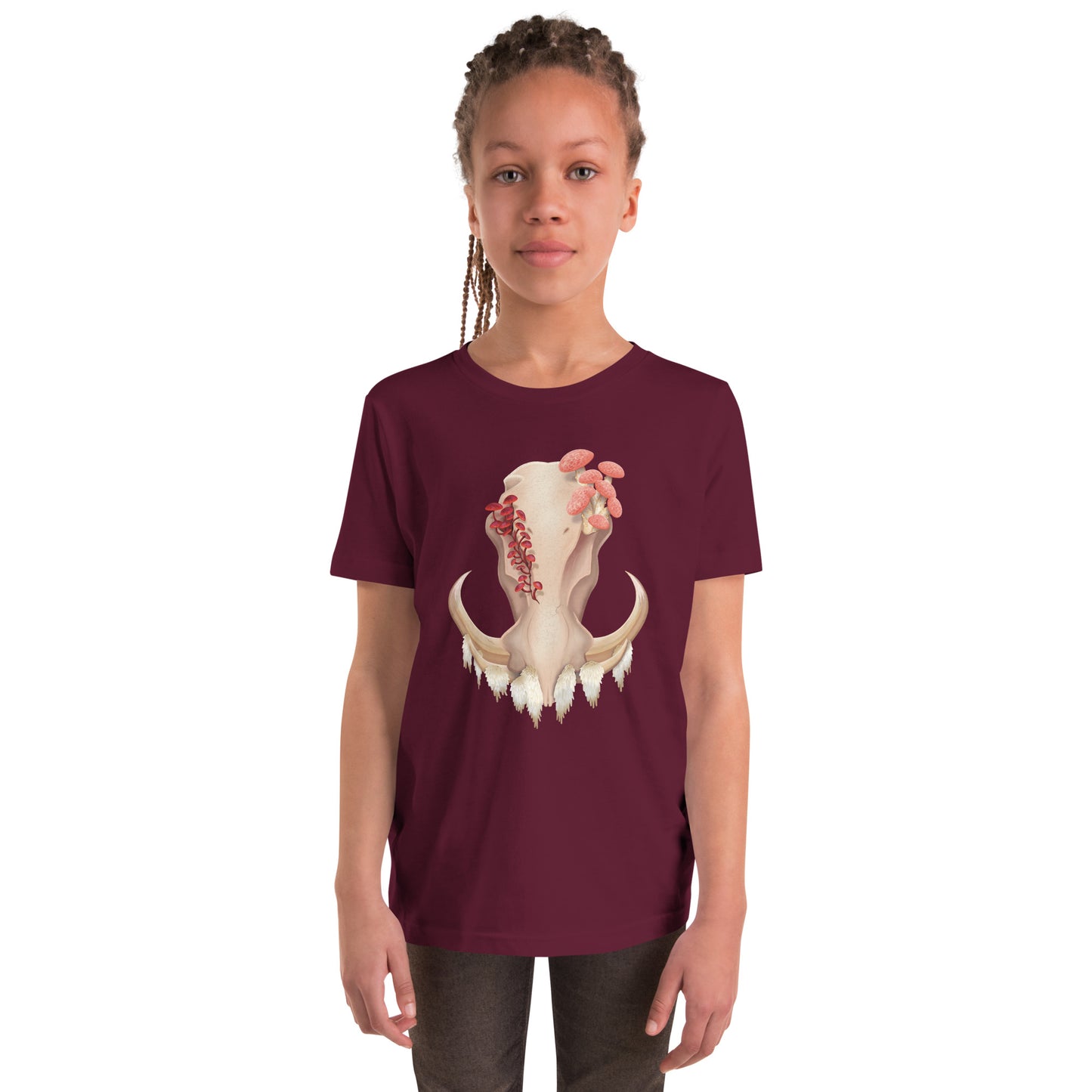 A youth size, maroon colored, unisex T shirt featuring a front facing warthog skull with 3 different kinds of fungi growing out of it