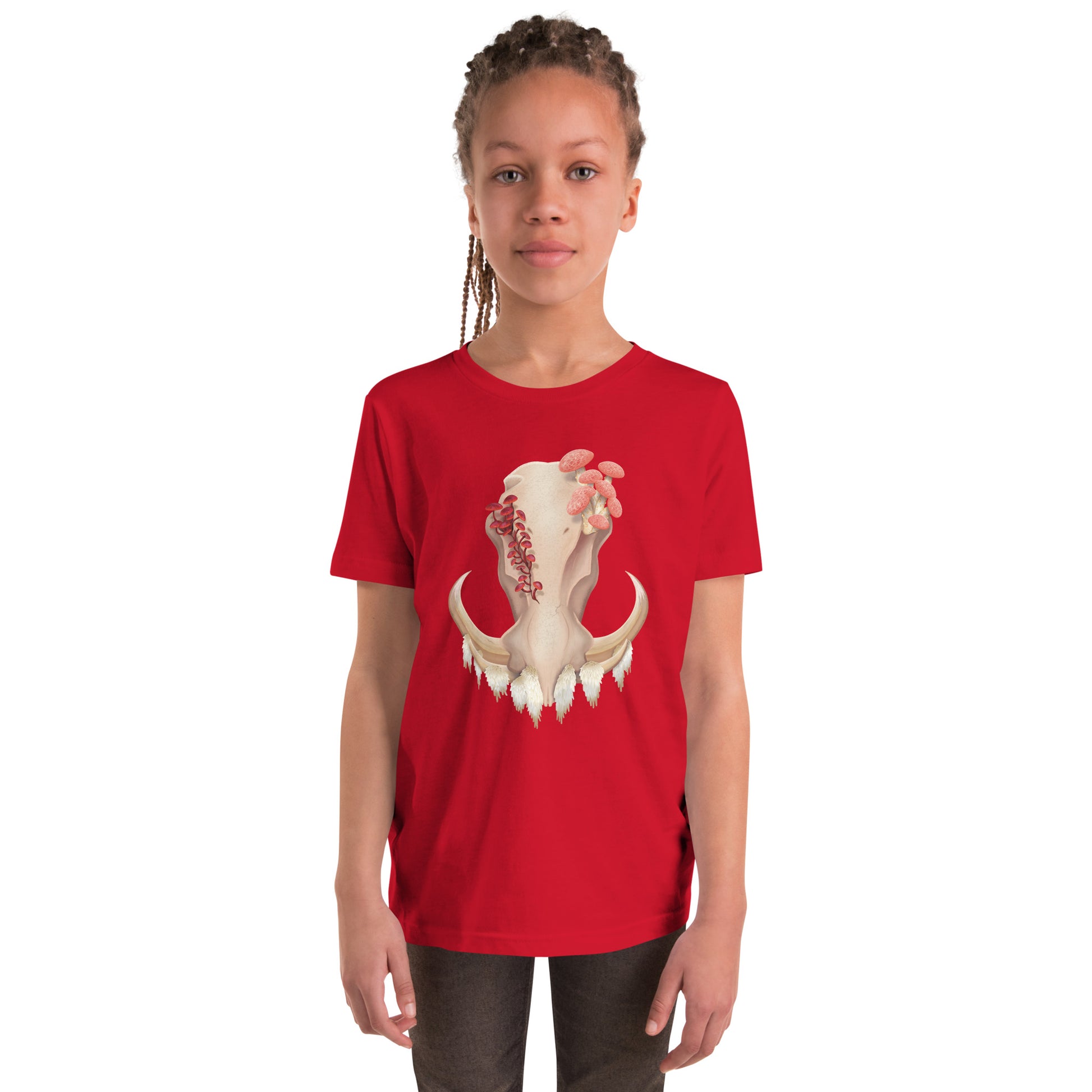 A youth size, red colored, unisex T shirt featuring a front facing warthog skull with 3 different kinds of fungi growing out of it