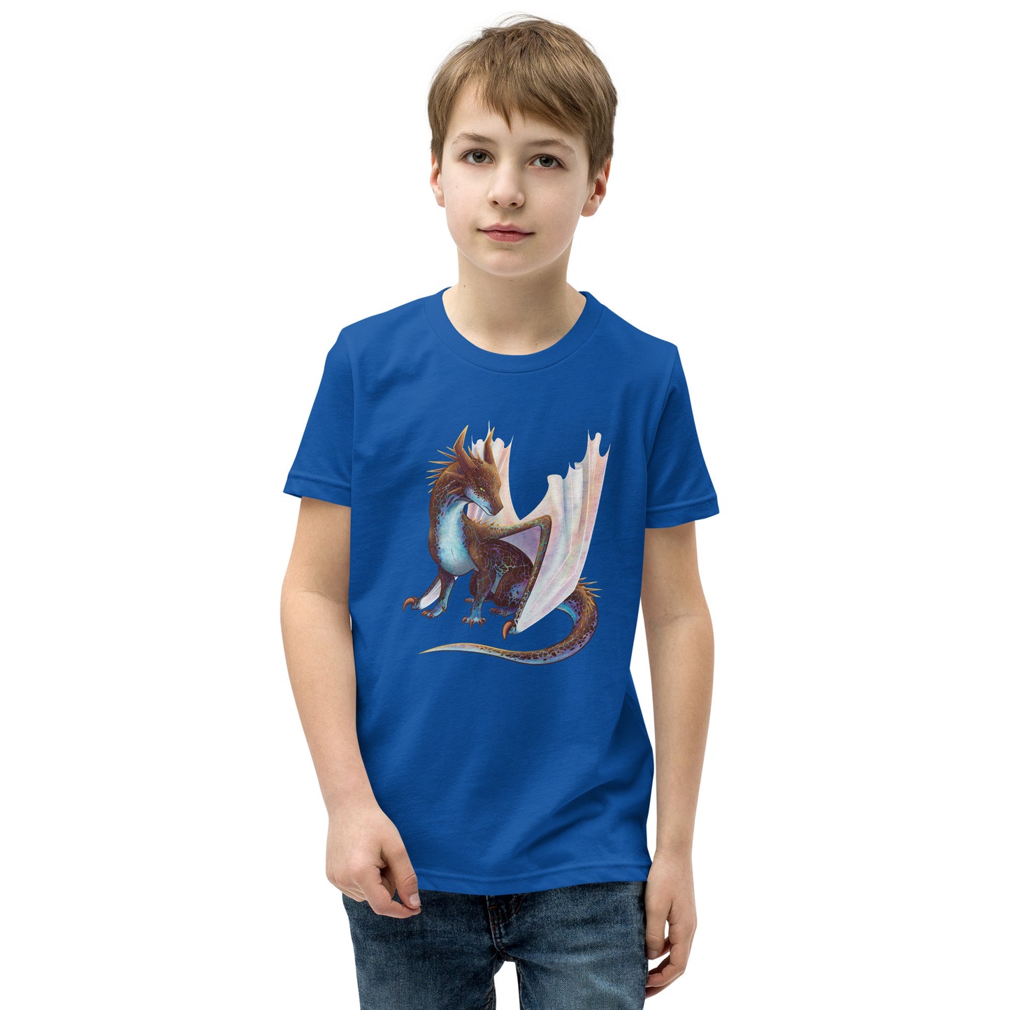 Unisex, royal blue in color youth short sleeve tee shirt featuring a sitting, side profile of a dragon that has the features of a boulder opal with hues of blue, green, purple, and pink on the underbelly and cracks of the rough, brown hue, rock scales. The wings are tucked back and are of an iridescent shimmery hue