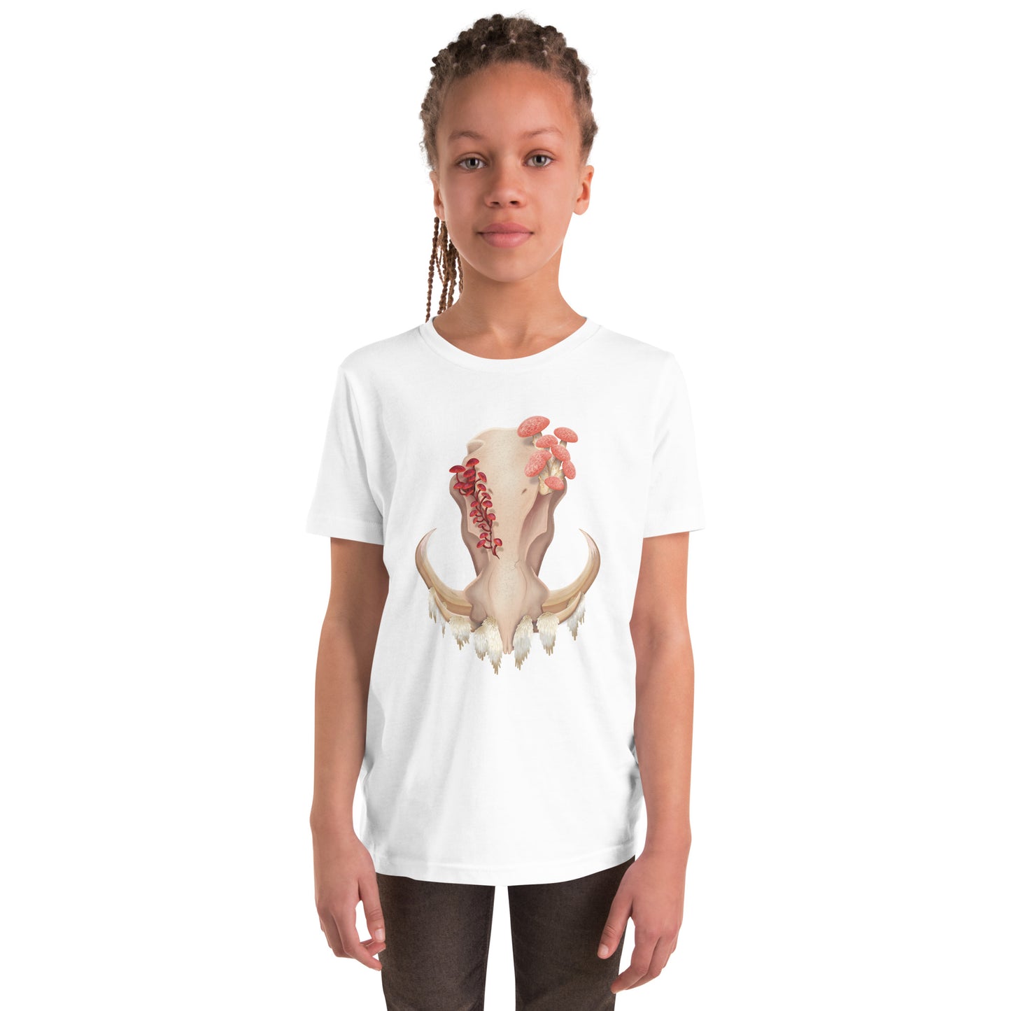 A youth size, white colored, unisex T shirt featuring a front facing warthog skull with 3 different kinds of fungi growing out of it